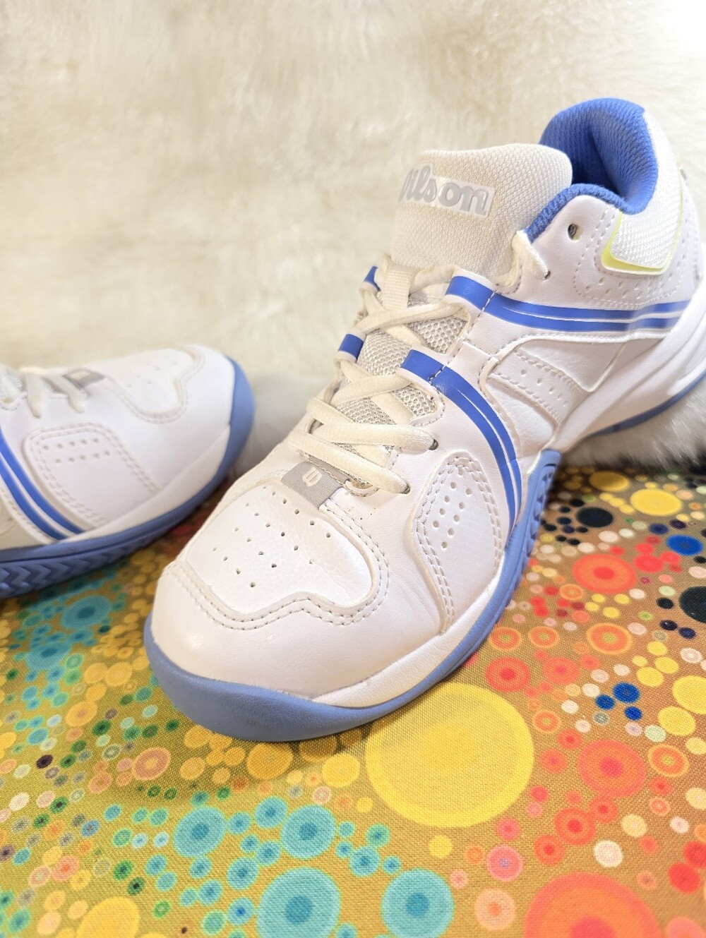 Wilson Rush Pro Women's Tennis Shoe White Sneakers with Blue and Yellow Accents - Picture 7 of 14